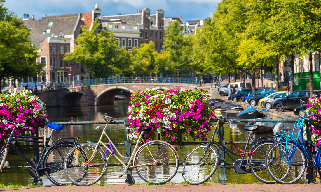 Bicycles on a bridge over the canals of Amsterdam