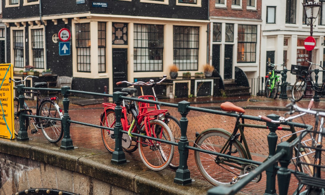 Bikes in the rain in Amsterdam, the Netherlands