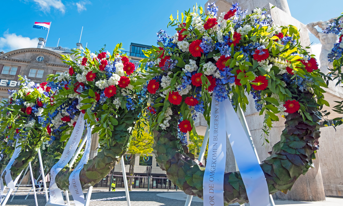 Wreaths on Dam Square on Remembrance Day (Dodenherdening), Amsterdam