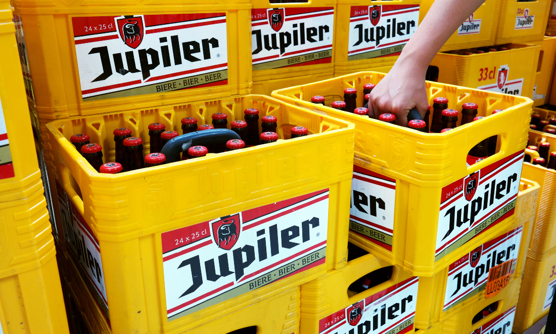 Crates of Jupiler beer at a Dutch supermarket