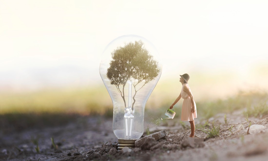 woman watering lightbulb with tree inside