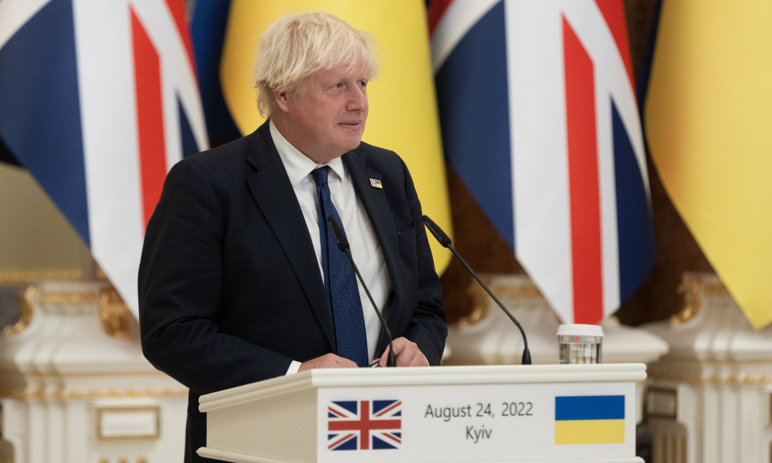 Former UK Prime Minister Boris Johnson at press conference in Kyiv, Ukraine