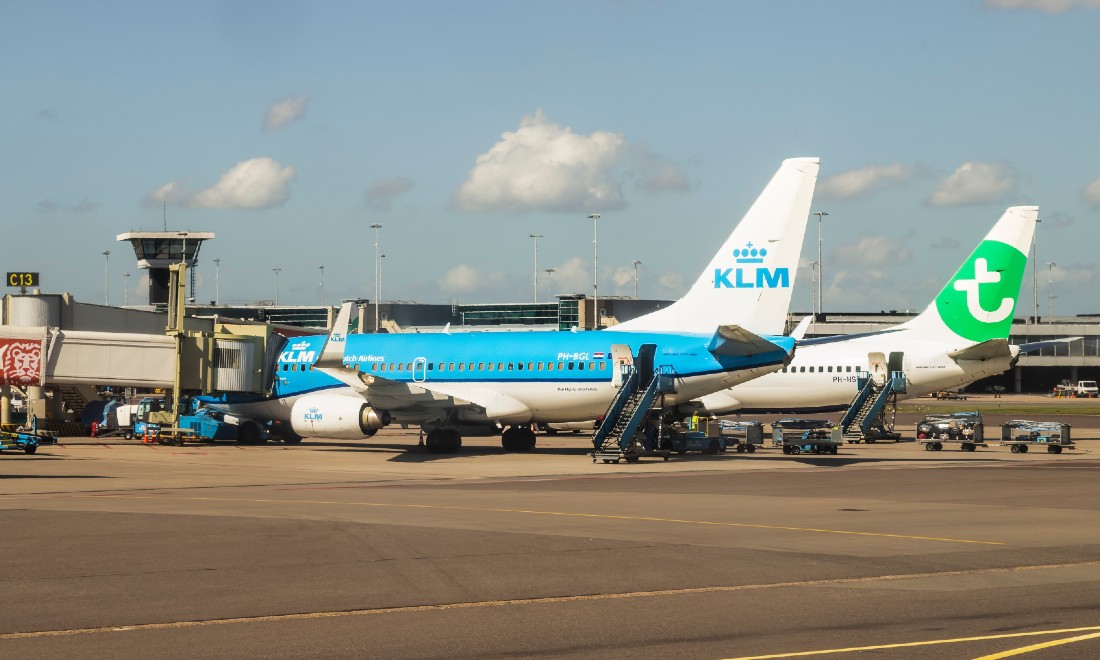 KLM and Transavia planes at Schiphol Airport Amsterdam, the Netherlands