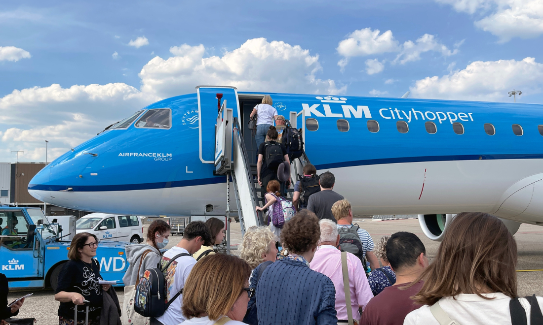 Passengers boarding KLM flight in Amsterdam, the Netherlands