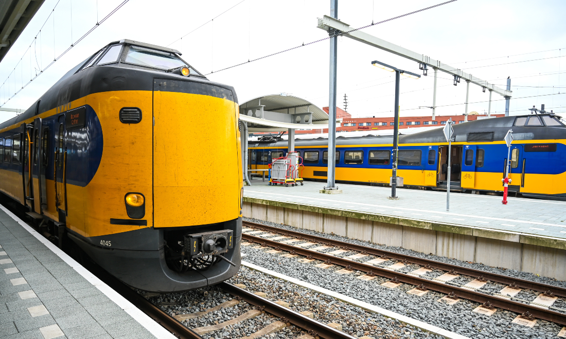 NS trains at a station in the Netherlands