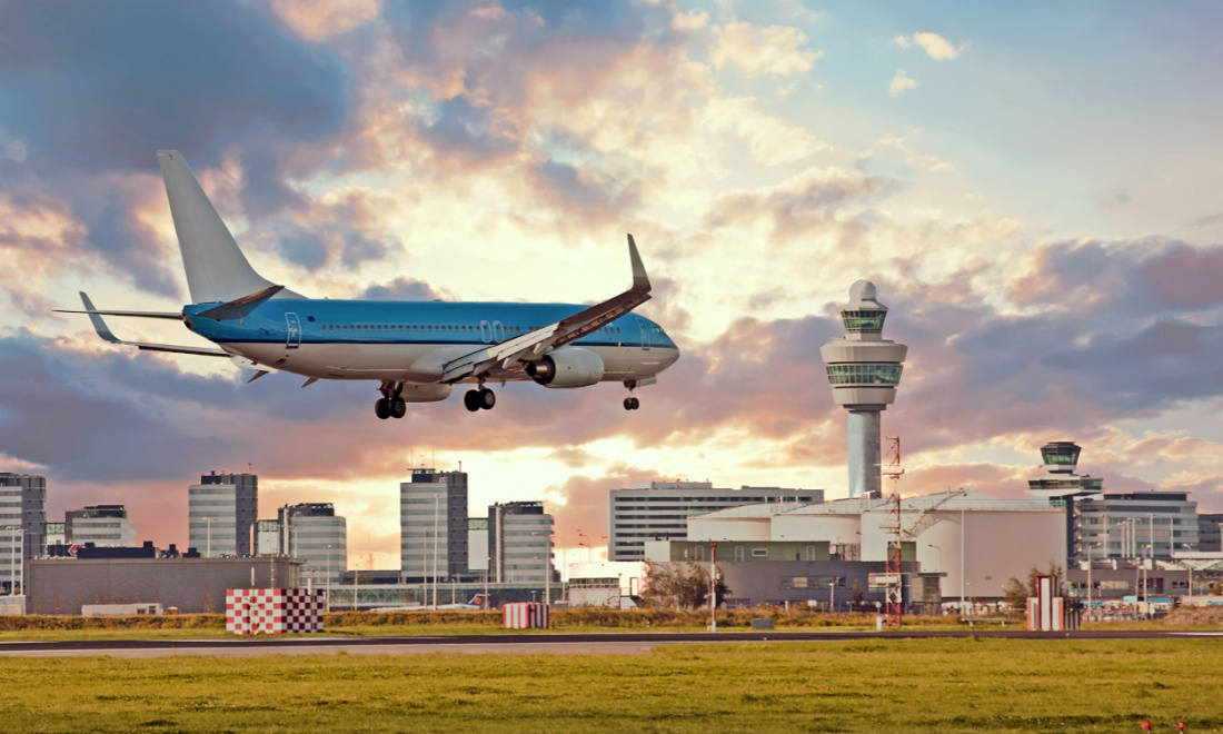 Flight landing at Schiphol Airport in the Netherlands