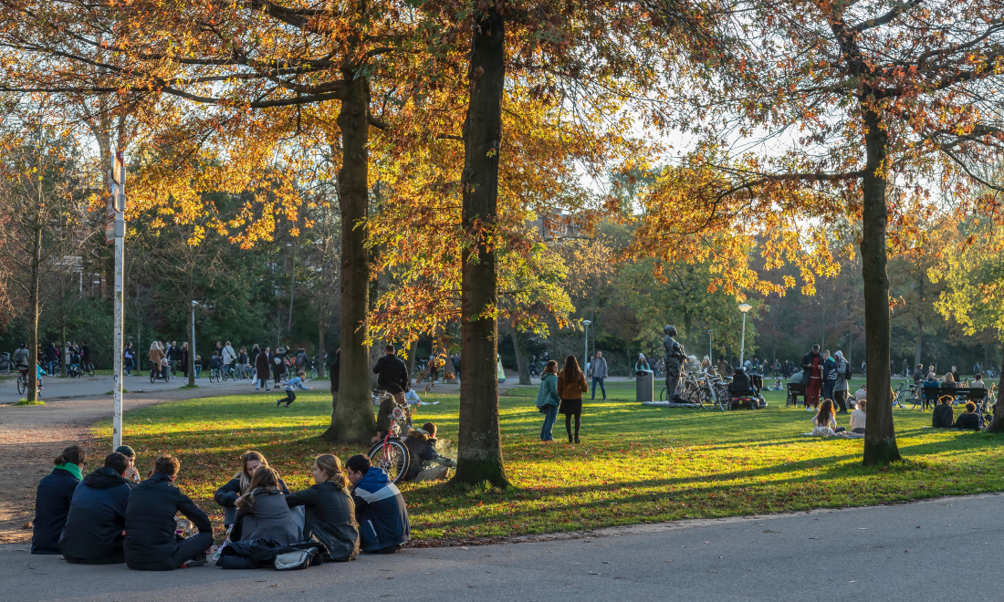 People enjoying autumn weather at Vondelpark in Amsterdam