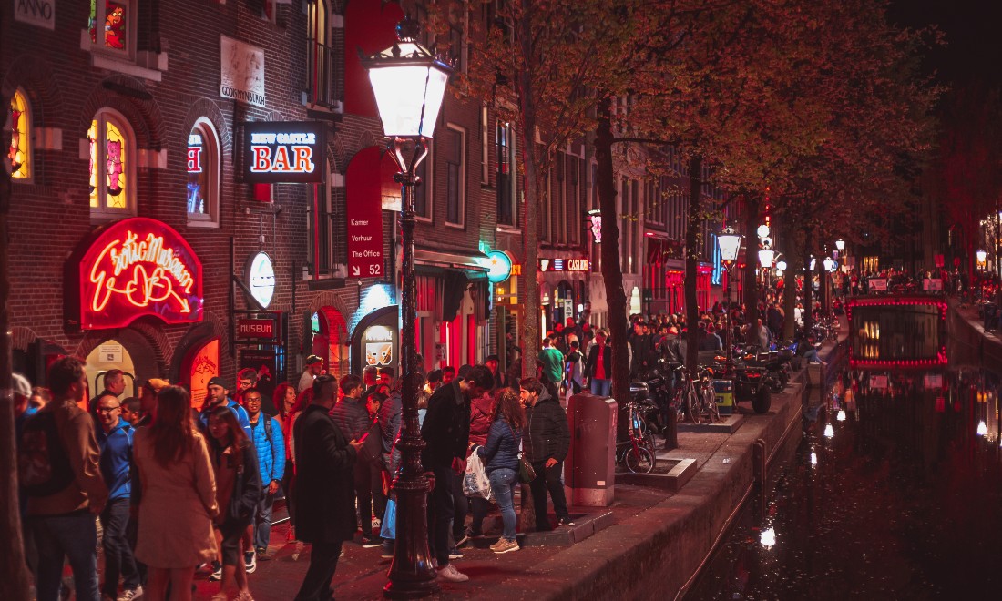 Tourists on a night out in the Red Light District in Amsterdam