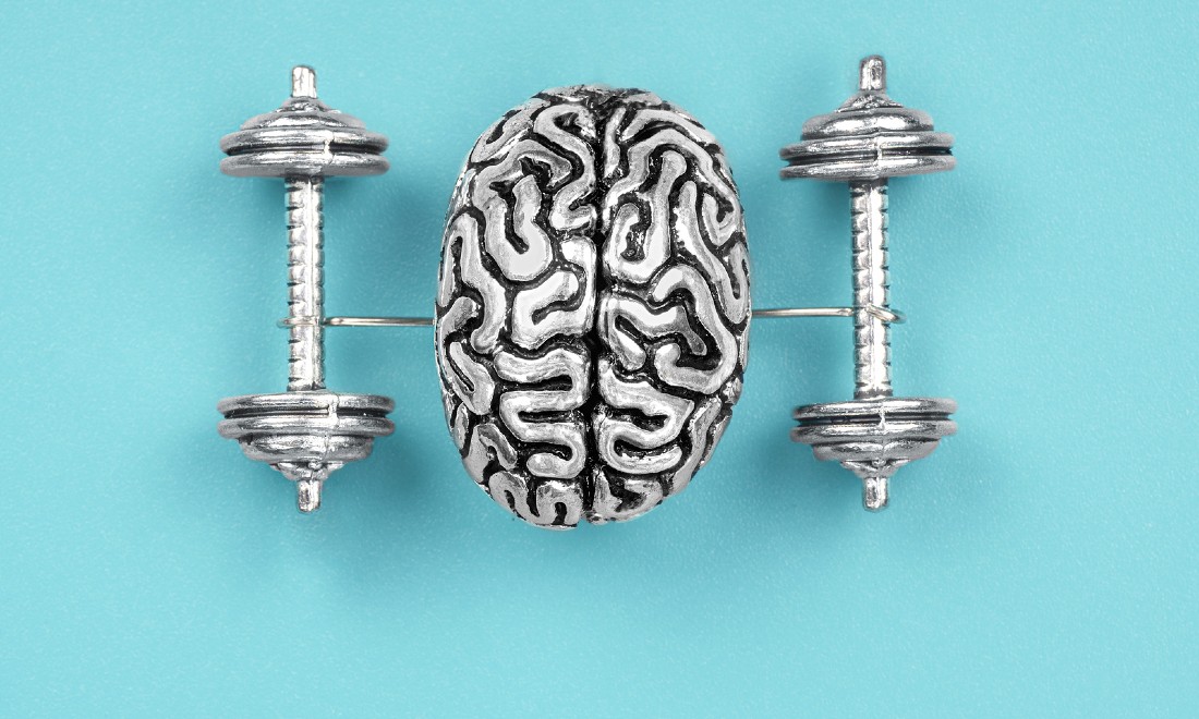 brain with lift weights - strong brain, mental strength