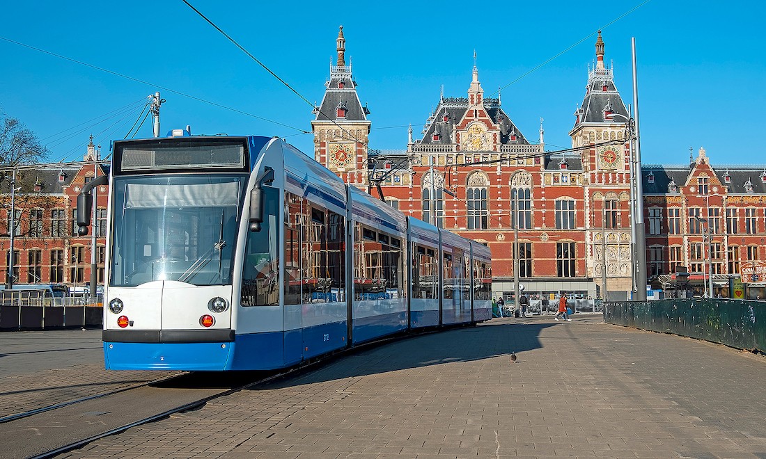 Tram in front of Centraal Station in Amsterdam