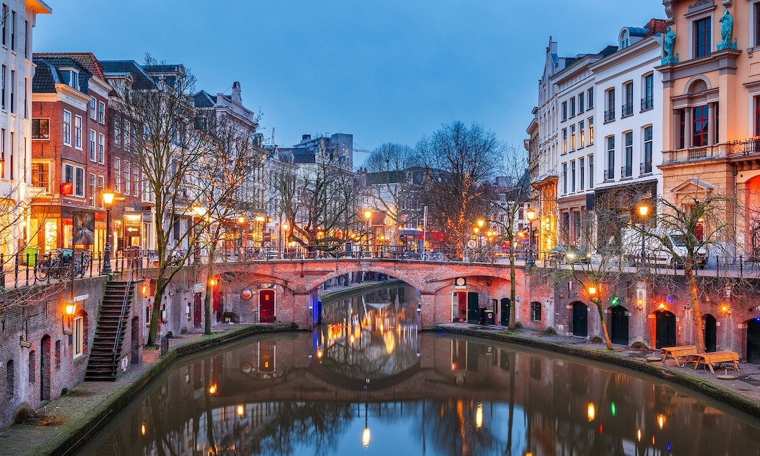 Bridge over canal at night in Utrecht