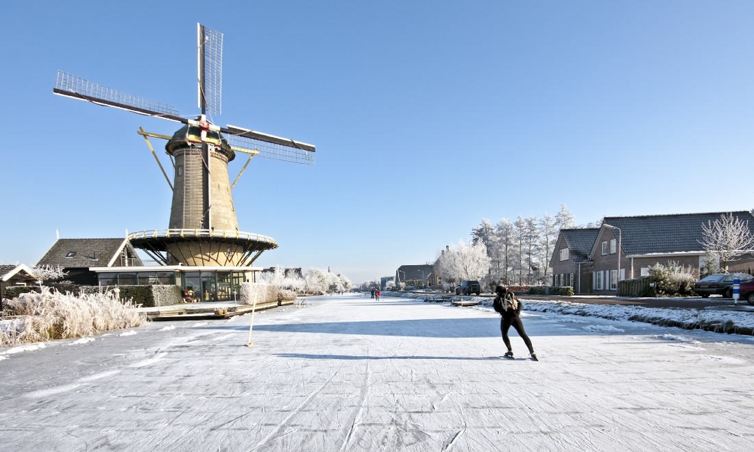 Windmill canal ice skating the Netherlands