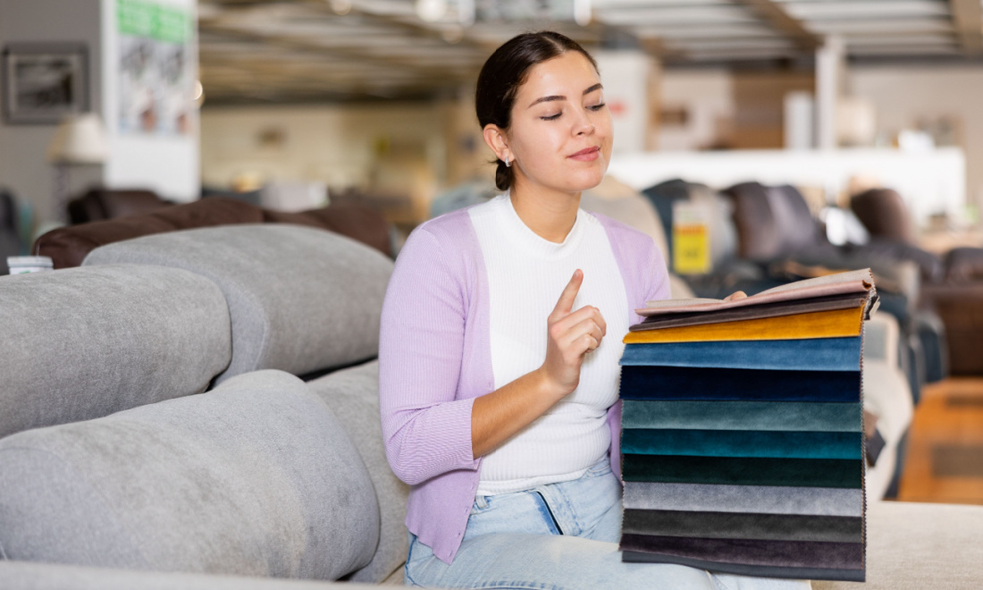 woman choosing fabrics