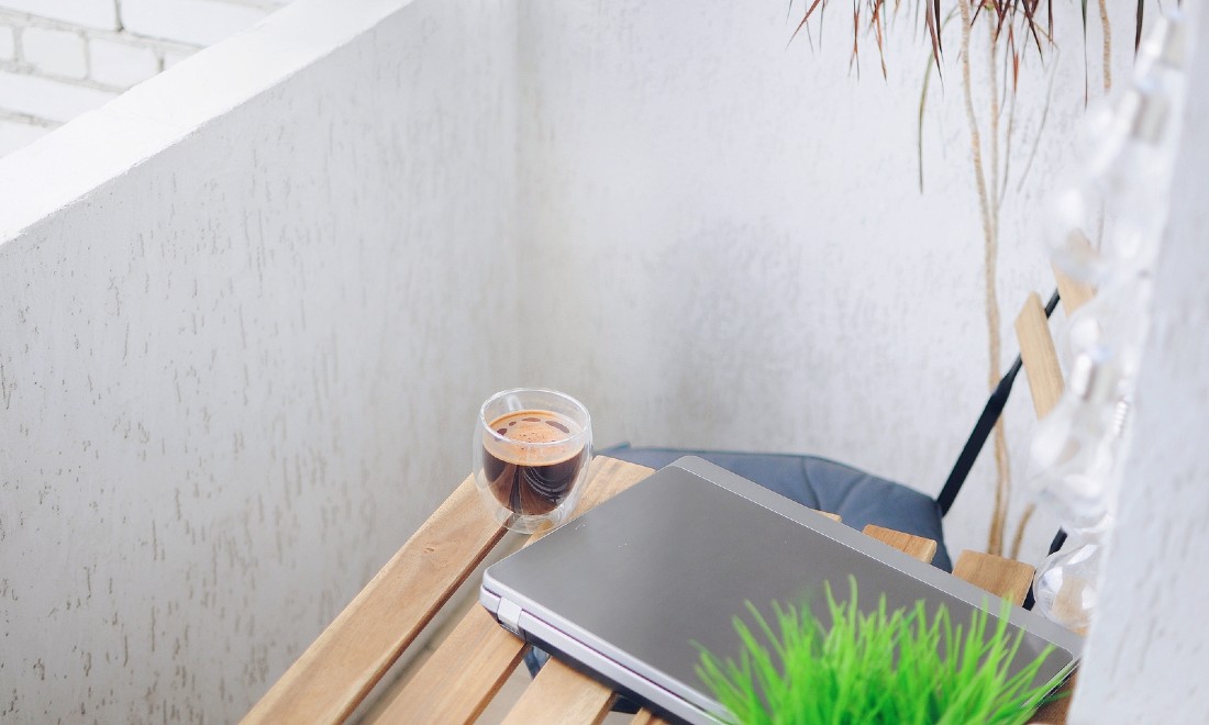 Laptop working balcony outside summer